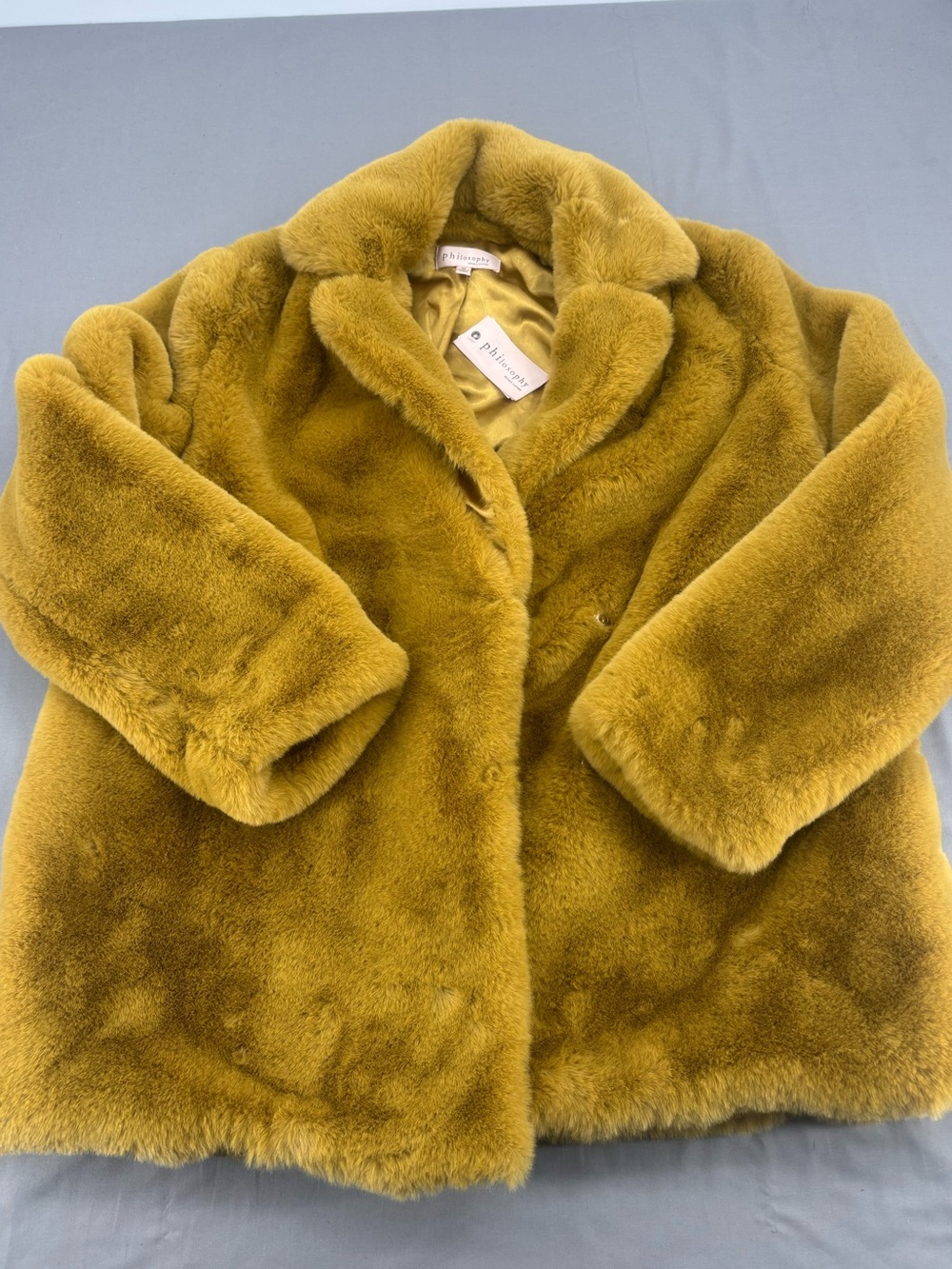 NWT Philosophy Republic Faux Fir Mustard Gold Teddy Plush Coat